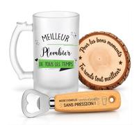 Planetee Coffret Chope de Bière Meilleur Plombier de Tous les Temps | Verre Givré 470 ml, Décapsuleur Gravé, Sous-Verre Bois | 3 Pièces | Cadeau Noël Collègue Homme Départ Retraite Remerciement