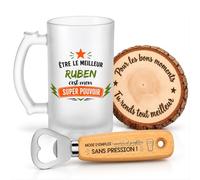 Planetee Coffret Chope de Bière Meilleur Ruben Super Pouvoir | Verre Givré 470 ml, Décapsuleur Gravé, Sous-Verre Bois | 3 Pièces | Cadeau Noël Homme Anniversaire Fête Original