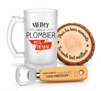 Planetee Coffret Chope de Bière Merci Plombier Génial | Verre Givré 470 ml, Décapsuleur Gravé, Sous-Verre Bois | 3 Pièces | Cadeau Noël Collègue Homme Départ Retraite Remerciement