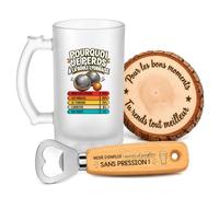 Planetee Coffret Chope de Bière Pourquoi je Perds à la Boule Lyonnaise | Verre Givré 470 ml, Décapsuleur Gravé, Sous-Verre Bois | 3 Pièces | Cadeau Noël Homme Passionné Humour Original Anniversaire