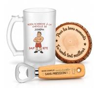 Planetee Coffret Chope de Bière Rien n'arrive à la cheville de Joseph sauf sa bite | Chope Verre Givré 470 ml, Décapsuleur Gravé, Dessous de Verre Bois | 3 Pièces | Cadeau Fête des Pères