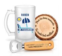 Planetee Coffret Chope de Bière Ruben en Vacances | Verre Givré 470 ml, Décapsuleur Gravé, Sous-Verre Bois | 3 Pièces | Cadeau Noël Homme Anniversaire Fête Original