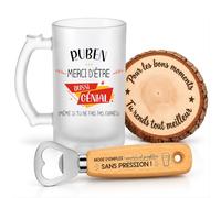 Planetee Coffret Chope de Bière Ruben Génial sans Faire Exprès | Verre Givré 470 ml, Décapsuleur Gravé, Sous-Verre Bois | 3 Pièces | Cadeau Noël Homme Anniversaire Fête Original