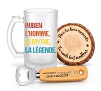 Planetee Coffret Chope de Bière Ruben Mythe Légende | Verre Givré 470 ml, Décapsuleur Gravé, Sous-Verre Bois | 3 Pièces | Cadeau Noël Homme Anniversaire Fête Original