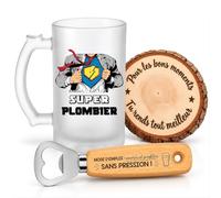 Planetee Coffret Chope de Bière Super Plombier | Verre Givré 470 ml, Décapsuleur Gravé, Sous-Verre Bois | 3 Pièces | Cadeau Noël Collègue Homme Départ Retraite Remerciement