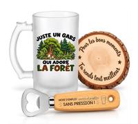 Planetee Coffret Chope de Bière Un Gars qui Adore la Forêt | Verre Givré 470 ml, Décapsuleur Gravé, Sous-Verre Bois | 3 Pièces | Cadeau Noël Homme Passionné Humour Original Anniversaire