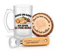 Planetee Coffret Chope de Bière Un Gars qui Adore le Foie Gras | Verre Givré 470 ml, Décapsuleur Gravé, Sous-Verre Bois | 3 Pièces | Cadeau Noël Homme Passionné Humour Original Anniversaire