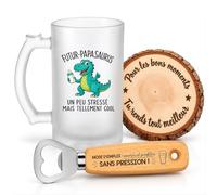 Planetee Coffret Chope Futur-Papasaurus Tellement Cool | Chope Verre Givré 470 ml, Décapsuleur Gravé, Dessous de Verre Bois, 3 Pièces, Cadeau Noël Fête des Pères Anniversaire