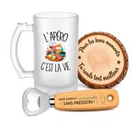 Planetee Coffret Chope L'Apéro c'est la Vie | Verre Givré 470 ml, Décapsuleur Gravé, Sous-Verre Bois, 3 Pièces, Cadeau Noël Homme Passionné Humour Original Anniversaire