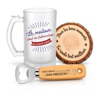Planetee Coffret Chope Meilleur Chef de Fabrication du Monde | Verre Givré 470 ml, Décapsuleur Gravé, Sous-Verre Bois, 3 Pièces, Cadeau Noël Collègue Homme Départ Retraite Remerciement