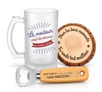 Planetee Coffret Chope Meilleur Chef de Service du Monde | Verre Givré 470 ml, Décapsuleur Gravé, Sous-Verre Bois, 3 Pièces, Cadeau Noël Collègue Homme Départ Retraite Remerciement