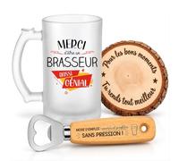 Planetee Coffret Chope Merci Brasseur Génial | Verre Givré 470 ml, Décapsuleur Gravé, Sous-Verre Bois, 3 Pièces, Cadeau Noël Collègue Homme Départ Retraite Remerciement