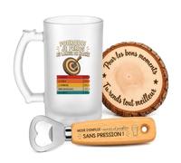 Planetee Coffret Chope Pourquoi je Perds au Lancer de Hache | Verre Givré 470 ml, Décapsuleur Gravé, Sous-Verre Bois, 3 Pièces, Cadeau Noël Homme Passionné Humour Original Anniversaire