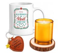 Planetee Coffret Mug Anna, la magie de Noël c'est toi | Mug Céramique 330 ml, Bougie en Verre, Dessous de Verre Bois, Porte-Clés Cœur, 4 Pièces, Cadeau Noël Femme Anniversaire Fête