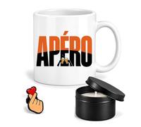Planetee Coffret Mug Apéro Minimaliste | Céramique 330 ml, Bougie Parfumée en Boîte Métal, Pin's Cœur, 3 Pièces, Cadeau Noël Passionné Humour Original Anniversaire