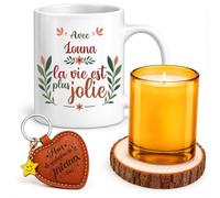 Planetee Coffret Mug Avec Louna la Vie est Jolie | Céramique 330 ml, Bougie en Verre, Sous-Verre Bois, Porte-Clés Cœur, 4 Pièces, Cadeau Noël Femme Anniversaire Fête Original