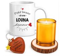 Planetee Coffret Mug Bazar Louna d'Amour | Céramique 330 ml, Bougie en Verre, Sous-Verre Bois, Porte-Clés Cœur, 4 Pièces, Cadeau Noël Femme Saint-Valentin Anniversaire