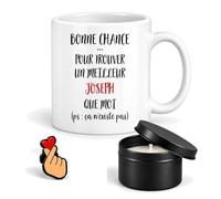 Planetee Coffret Mug Bonne Chance Joseph | Céramique 330 ml, Bougie Parfumée en Boîte Métal, Pin's Cœur | 3 Pièces | Cadeau Noël Homme Anniversaire Fête Original