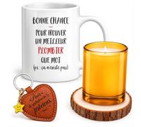 Planetee Coffret Mug Bonne Chance Plombier | Céramique 330 ml, Bougie en Verre, Sous-Verre Bois, Porte-Clés Cœur | 4 Pièces | Cadeau Noël Collègue Homme Départ Retraite Remerciement