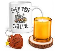 Planetee Coffret Mug Être Plombier c'est la Vie | Céramique 330 ml, Bougie en Verre, Sous-Verre Bois, Porte-Clés Cœur | 4 Pièces | Cadeau Noël Collègue Homme Départ Retraite Remerciement