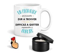 Planetee Coffret Mug Formidable Plombier | Céramique 330 ml, Bougie Parfumée en Boîte Métal, Pin's Cœur | 3 Pièces | Cadeau Noël Collègue Homme Départ Retraite Remerciement