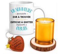 Planetee Coffret Mug Formidable Sommelier | Céramique 330 ml, Bougie en Verre, Sous-Verre Bois, Porte-Clés Cœur, 4 Pièces, Cadeau Noël Collègue Homme Départ Retraite