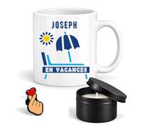 Planetee Coffret Mug Joseph en Vacances | Céramique 330 ml, Bougie Parfumée en Boîte Métal, Pin's Cœur | 3 Pièces | Cadeau Noël Homme Anniversaire Fête Original