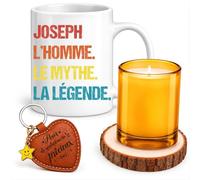 Planetee Coffret Mug Joseph Mythe Légende | Céramique 330 ml, Bougie en Verre, Sous-Verre Bois, Porte-Clés Cœur | 4 Pièces | Cadeau Noël Homme Anniversaire Fête Original