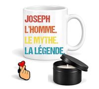 Planetee Coffret Mug Joseph Mythe Légende | Céramique 330 ml, Bougie Parfumée en Boîte Métal, Pin's Cœur | 3 Pièces | Cadeau Noël Homme Anniversaire Fête Original