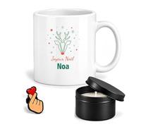 Planetee Coffret Mug Joyeux Noël Noa | Mug Céramique 330 ml, Bougie Parfumée en Boîte Métal, Pin's Cœur, 3 Pièces, Cadeau Noël Anniversaire Fête Original