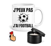 Planetee Coffret Mug J'peux pas J'ai Football | Céramique 330 ml, Bougie Parfumée en Boîte Métal, Pin's Cœur | 3 Pièces | Cadeau Noël Passionné Humour Original Anniversaire