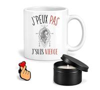 Planetee Coffret Mug J'peux pas Signe Vierge | Céramique 330 ml, Bougie Parfumée en Boîte Métal, Pin's Cœur | 3 Pièces | Cadeau Noël Passionné Humour Original Anniversaire