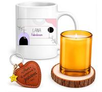 Planetee Coffret Mug Lana Fabuleuse | Céramique 330 ml, Bougie en Verre, Sous-Verre Bois, Porte-Clés Cœur, 4 Pièces, Cadeau Noël Femme Anniversaire Fête Original