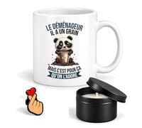 Planetee Coffret Mug Le Déménageur a un Grain | Céramique 330 ml, Bougie Parfumée en Boîte Métal, Pin's Cœur | 3 Pièces | Cadeau Noël Collègue Homme Départ Retraite Remerciement