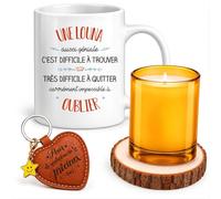 Planetee Coffret Mug Louna aussi Géniale | Céramique 330 ml, Bougie en Verre, Sous-Verre Bois, Porte-Clés Cœur, 4 Pièces, Cadeau Noël Femme Anniversaire Fête Original