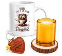 Planetee Coffret Mug Louna Grain Chouette | Céramique 330 ml, Bougie en Verre, Sous-Verre Bois, Porte-Clés Cœur, 4 Pièces, Cadeau Noël Femme Anniversaire Fête Original