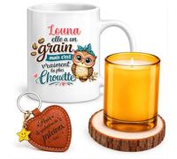Planetee Coffret Mug Louna la Plus Chouette | Céramique 330 ml, Bougie en Verre, Sous-Verre Bois, Porte-Clés Cœur, 4 Pièces, Cadeau Noël Femme Anniversaire Fête Original