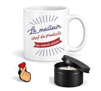 Planetee Coffret Mug Meilleur Chef de Produits du Monde | Céramique 330 ml, Bougie Parfumée en Boîte Métal, Pin's Cœur, 3 Pièces, Cadeau Noël Collègue Homme Départ Retraite