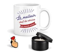 Planetee Coffret Mug Meilleur Chef de Service du Monde | Céramique 330 ml, Bougie Parfumée en Boîte Métal, Pin's Cœur, 3 Pièces, Cadeau Noël Collègue Homme Départ Retraite