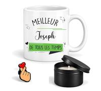 Planetee Coffret Mug Meilleur Joseph de Tous les Temps | Céramique 330 ml, Bougie Parfumée en Boîte Métal, Pin's Cœur | 3 Pièces | Cadeau Noël Homme Anniversaire Fête Original