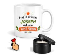 Planetee Coffret Mug Meilleur Joseph Super Pouvoir | Céramique 330 ml, Bougie Parfumée en Boîte Métal, Pin's Cœur | 3 Pièces | Cadeau Noël Homme Anniversaire Fête Original