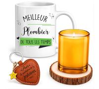 Planetee Coffret Mug Meilleur Plombier de Tous les Temps | Céramique 330 ml, Bougie en Verre, Sous-Verre Bois, Porte-Clés Cœur | 4 Pièces | Cadeau Noël Collègue Homme Départ Retraite Remerciement