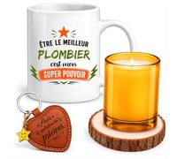 Planetee Coffret Mug Meilleur Plombier Super Pouvoir | Céramique 330 ml, Bougie en Verre, Sous-Verre Bois, Porte-Clés Cœur | 4 Pièces | Cadeau Noël Collègue Homme Départ Retraite Remerciement