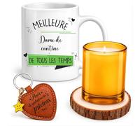 Planetee Coffret Mug Meilleure Dame de Cantine de Tous les Temps | Céramique 330 ml, Bougie en Verre, Sous-Verre Bois, Porte-Clés Cœur | 4 Pièces | Cadeau Noël Collègue Femme Départ Retraite