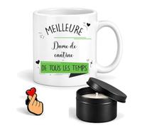 Planetee Coffret Mug Meilleure Dame de Cantine de Tous les Temps | Céramique 330 ml, Bougie Parfumée en Boîte Métal, Pin's Cœur | 3 Pièces | Cadeau Noël Collègue Femme Départ Retraite Remerciement