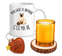 Planetee Coffret Mug Mon Sacré de Birmanie c'est ma Vie | Céramique 330 ml, Bougie en Verre, Sous-Verre Bois, Porte-Clés Cœur | 4 Pièces | Cadeau Noël Passionné Humour Original Anniversaire