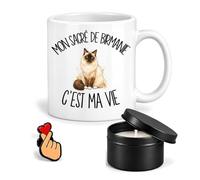 Planetee Coffret Mug Mon Sacré de Birmanie c'est ma Vie | Céramique 330 ml, Bougie Parfumée en Boîte Métal, Pin's Cœur | 3 Pièces | Cadeau Noël Passionné Humour Original Anniversaire