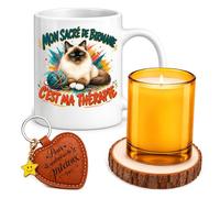 Planetee Coffret Mug Mon Sacré de Birmanie Ma Thérapie | Céramique 330 ml, Bougie en Verre, Sous-Verre Bois, Porte-Clés Cœur | 4 Pièces | Cadeau Noël Passionné Humour Original Anniversaire