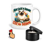 Planetee Coffret Mug Mon Sacré de Birmanie Ma Thérapie | Céramique 330 ml, Bougie Parfumée en Boîte Métal, Pin's Cœur | 3 Pièces | Cadeau Noël Passionné Humour Original Anniversaire