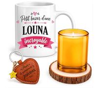 Planetee Coffret Mug Petit Bazar d'une Louna Incroyable | Céramique 330 ml, Bougie en Verre, Sous-Verre Bois, Porte-Clés Cœur, 4 Pièces, Cadeau Noël Femme Anniversaire Fête Original